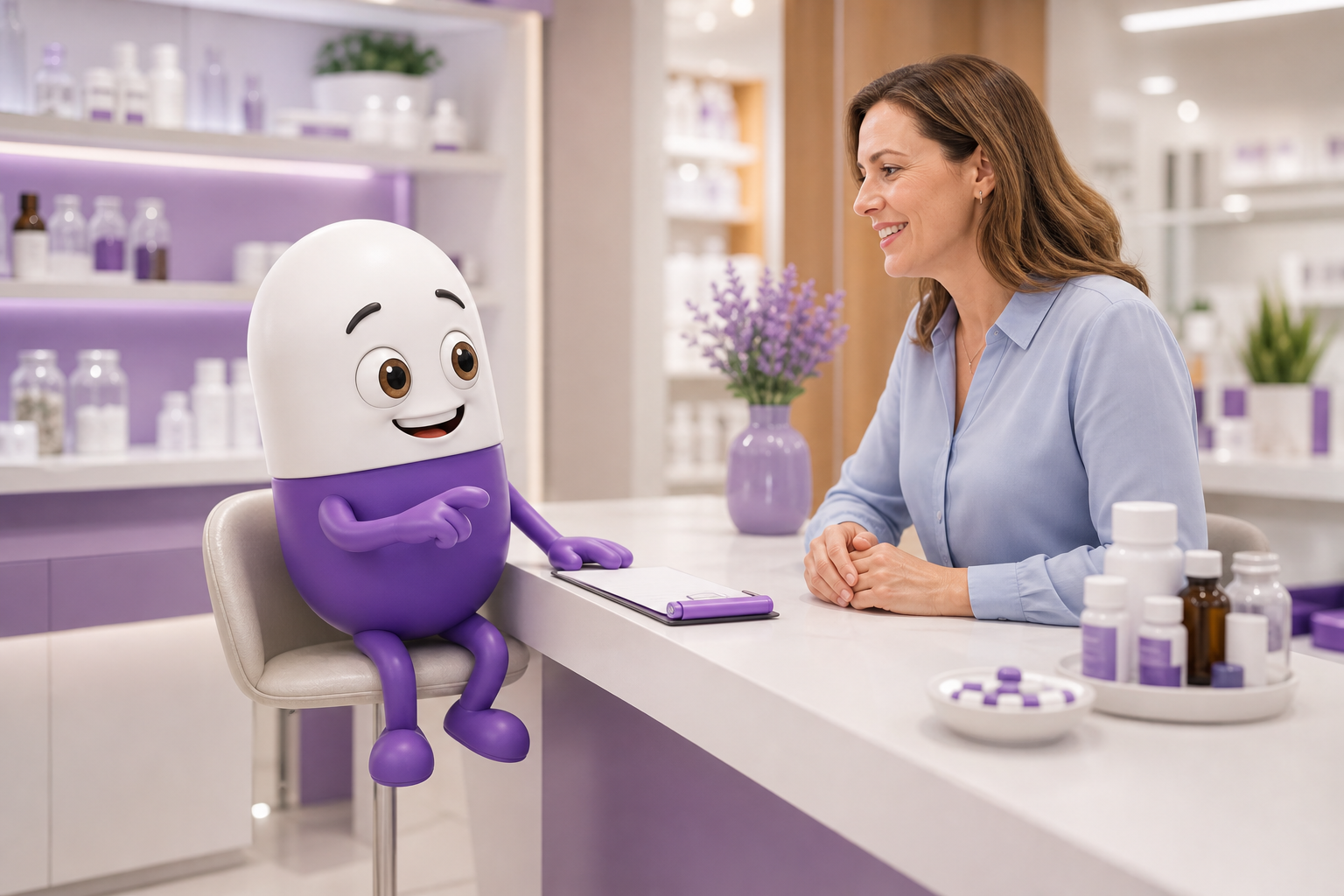 Mascote Kapzulinha representando atendimento humanizado e profissional da KapzLab